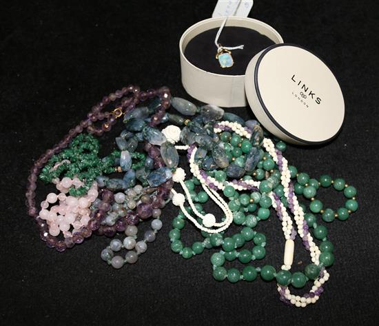 14ct (585) gold and opal pendant, various hardstone necklaces etc.